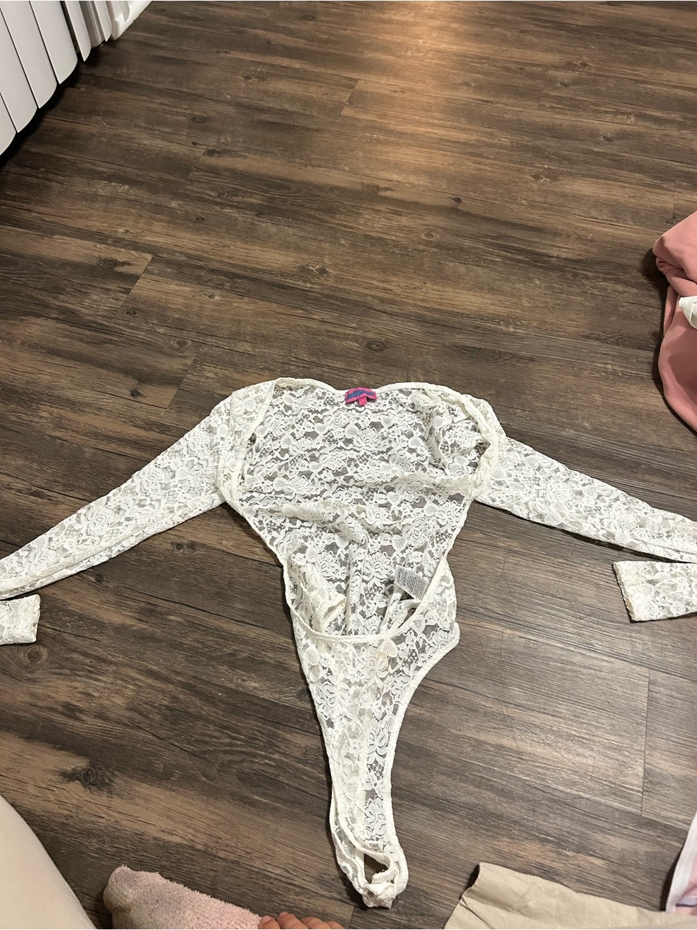 Edikted White Lace Long-Sleeve Thong Bodysuit